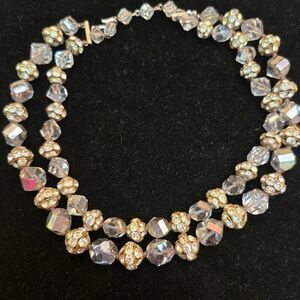 Vintage 2 strand Clear & Silver Faceted & Rhinestone Bead Necklace Choker